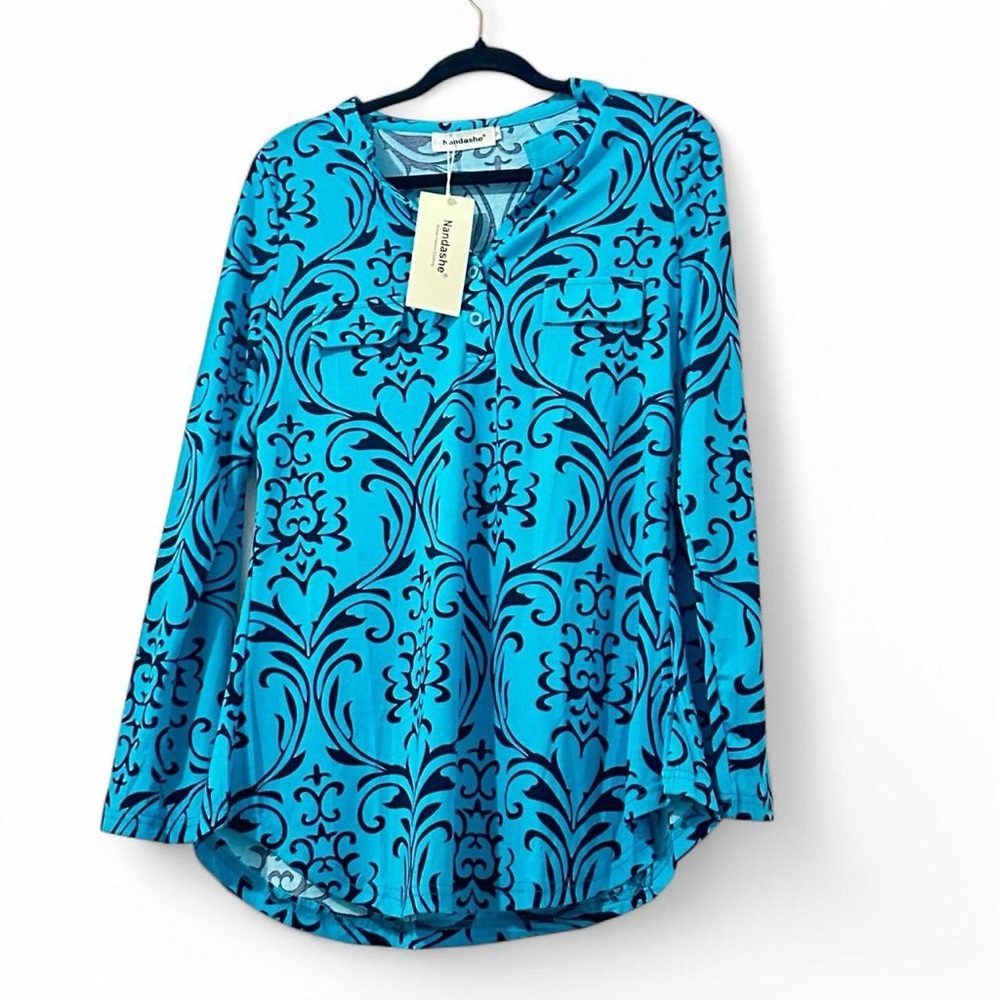 Elegant Blue Blouse with Gorgeous Trim and Flowy Sleeves